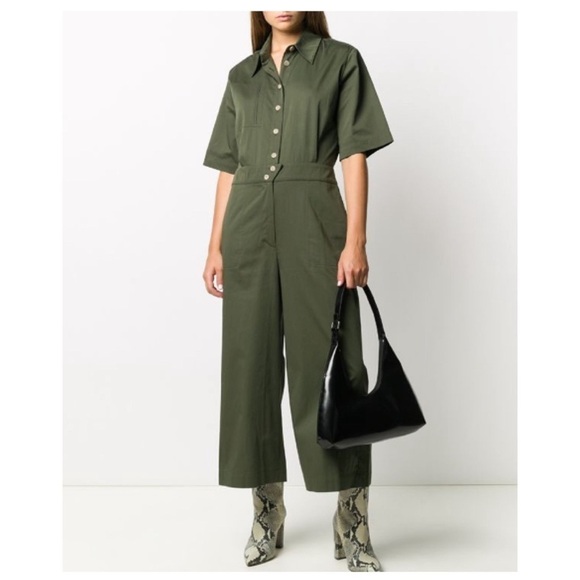 ba&sh Brigitte Utility Jumpsuit Green Women’s Size Large Cropped Button Front - Picture 1 of 15